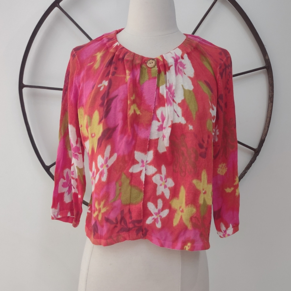 Lucky Brand red floral single button cardigan M